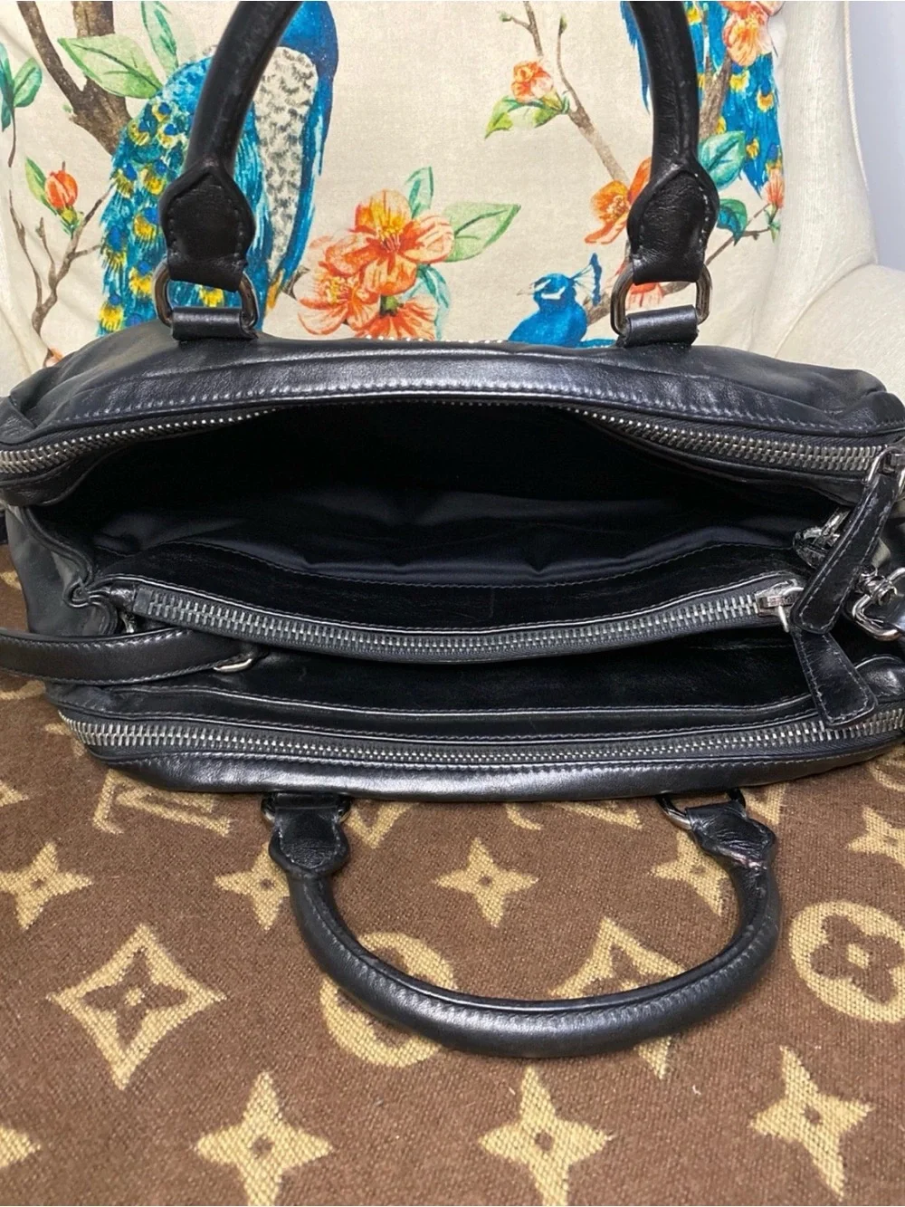 Miu Miu Triple Zip Black Croc Embossed Patent Leather Satchel